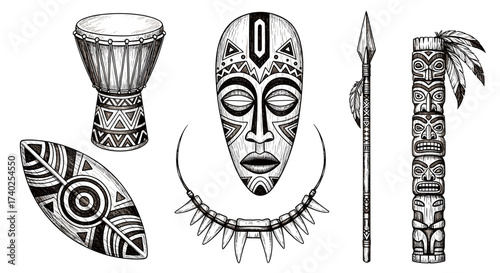 Hand Drawn African Tribal Items Illustration Isolated on White Background