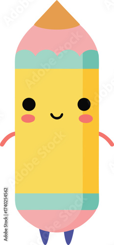 cute cartoon pencil mascot smiling pastel illustration on transparent background