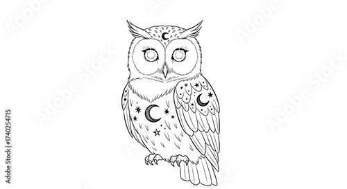 Mystical Owl with Moon and Stars Tattoo Design Illustration