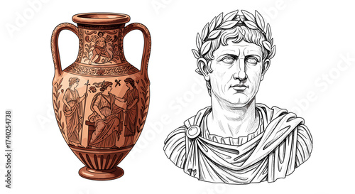 Ancient Greek Vase and Roman Bust Illustration on White Background