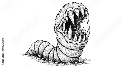 Pen and Ink Drawing of a Monstrous Worm with Teeth