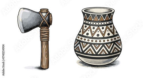 Primitive Hand Axe and Decorated Vase Isolated on White Background