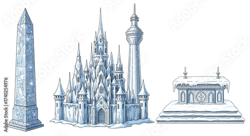 Four Frozen Structures: A Fantasy Landscape in Blue and White