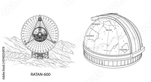 Ratan-600 Telescope and Observatory Dome on White Background Illustration
