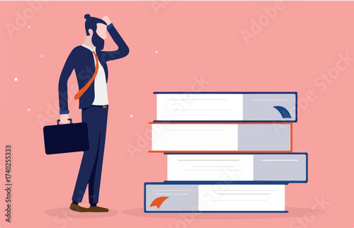 Businessman needs to learn and adapt - Man looking at books and scratching his head. Personal development and the need to learn new skills concept. Vector illustration.