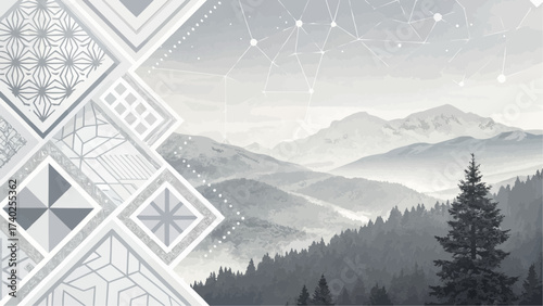 Geometric patterns overlaying a grayscale mountain landscape with a coniferous tree in the foreground