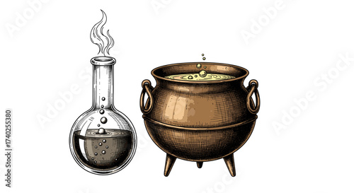 Whimsical Witchcraft: A Cartoon Still Life of Potions and Cauldrons