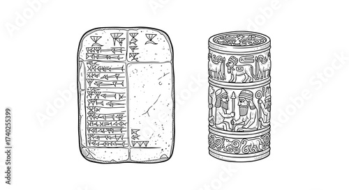 Ancient Mesopotamian Artefacts: Tablet and Cylinder Seal Depicted in Detail