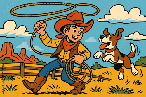 Practicing his young nearby dog illustration cowboy practice lasso while adventure excitedly