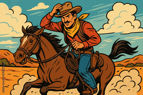 His hat across brave cowboy vector dusty galloping adventure horse illustration