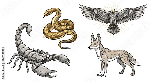 Desert Wildlife: Snake, Scorpion, Eagle, and Coyote on White Background