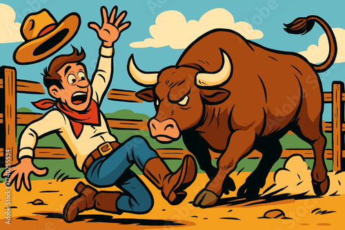 Clumsy vector illustration from knocked corral tumble over cowboy move refusing
