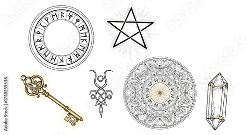 Mystical Elements: Golden Key, Crystal, Runes, Star, and Tribal Tattoo