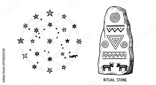 Mystical Constellation and Ritual Stone with Ancient Symbols and Glyphs