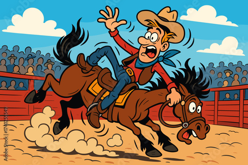 Bucking rodeo arena balance bronco cowboy vector struggle horse funny to illustration