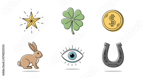 Charming symbols of luck and fortune on a bright white background