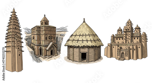 Four Distinct Architectural Styles: Tower, Church, Hut, and Palace Rendered