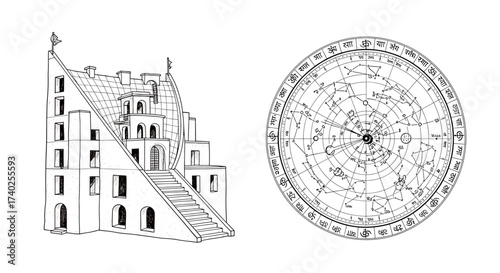 Architectural Sundial and Astrological Chart in Detailed Line Art Style