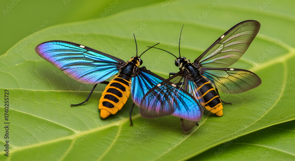 Obraz premium Two stunning moths interacting on a vibrant green leaf closeup shot