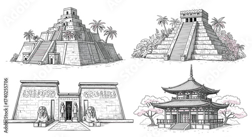 Ancient World Architecture Illustration Featuring Temples, Pyramids, and Cultural Landmarks