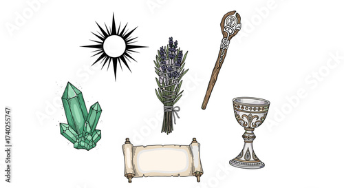 Mystical objects collection on white background with fantasy theme