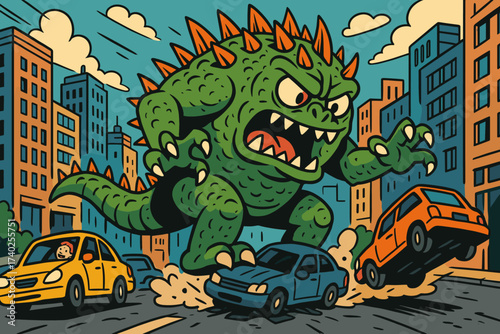 Chaos through cars scattering spiky street vector around illustration monster city massive