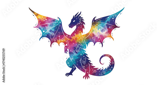 Galaxy Dragon Watercolor Illustration with Swirl Details on White Background