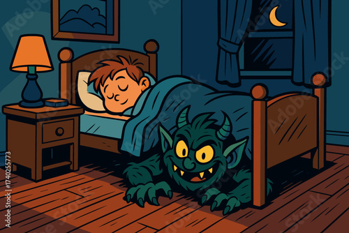 Illustration yellow bed under out peeking vector monster hiding glowing