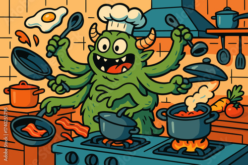 Illustration arms food kitchen vector chef monster too juggling pots multitasking