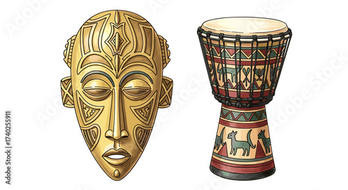 Ornate golden African mask and hand drum on clean white background