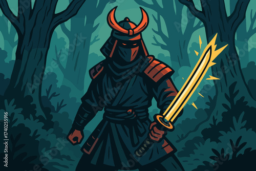 Standing samurai glowing vector illustration misty mysterious katana masked forest