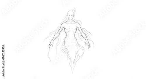 Ethereal Spirit: A Mystical Figure Sketch on White Background