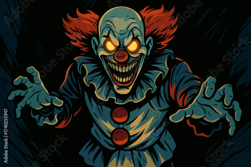 Emer spooky shadows grin clown from glowing eyes vector exaggerated illustration