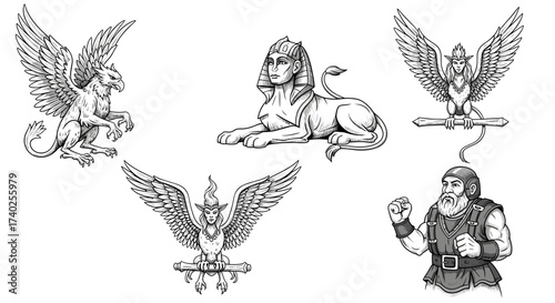 Mythical Creatures Ink Drawing Featuring Sphinxes, Griffins and a Strongman