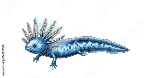 Adorable Blue Axolotl Illustration with Feathery Gills on a White Background