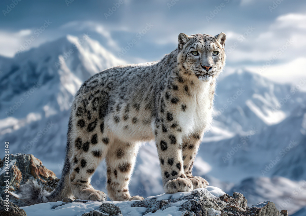 Naklejka premium Snow leopard staning on mountain