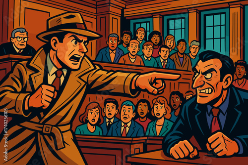 Reveal dramatically courtroom pointing dramatic vector villain scene detective gradient illustration crowded