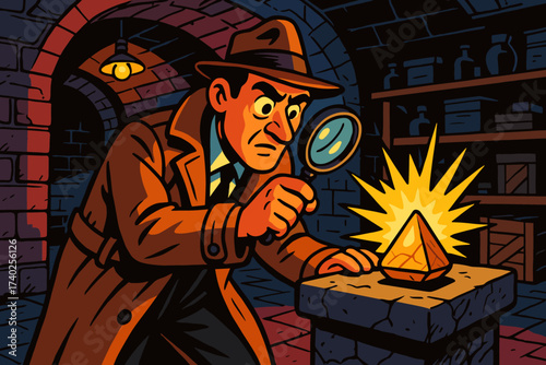 Illustration artifact glowing gradient basement s mysterious hidden detective inspecting vector