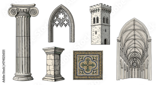 Architectural Illustrations Showcase Ancient and Medieval Building Elements