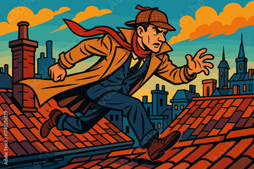 Flying scarf pursuit rooftop illustration rooftops detective running coat dramatically across chase