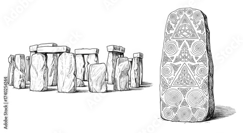 Archaeological Drawing Featuring Stonehenge and Celtic Stone Designs