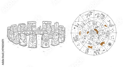 Mystical Stonehenge and Zodiac Wheel Line Art Illustration on White