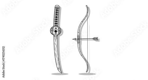 Hand Drawn Katana Sword and Bow with Arrow Illustration