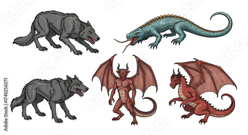 Fierce fantasy creatures: Dragon, wolf, and demon on a white background