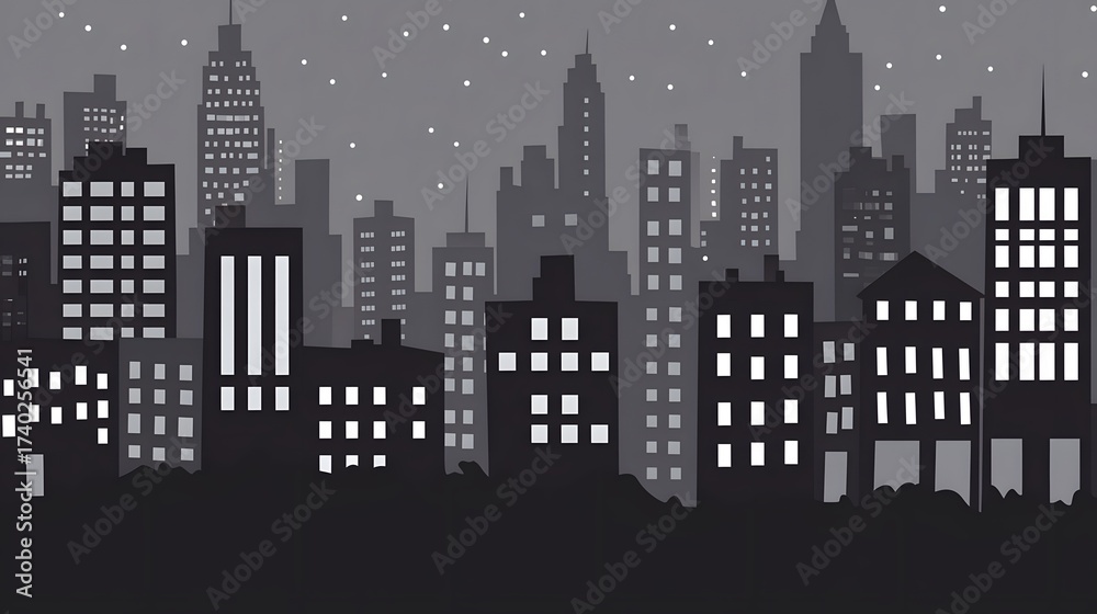 Fototapeta premium Night Cityscape Skyline Urban Buildings Dark Grey Monochrome
