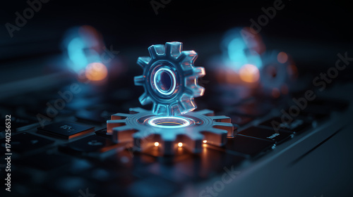 Glowing holographic gears rotating above a laptop keyboard, automation and productivity concept, futuristic neon lighting, cinematic
