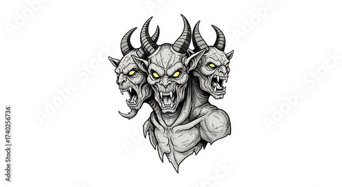 Three-Headed Demon with Horns on a White Background Illustration