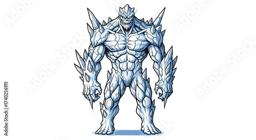 Ice Golem Monster Character Art with Glowing Blue Eyes Stares Fiercely