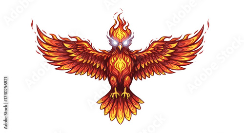 Majestic fiery phoenix rises with brilliant wings spread against white