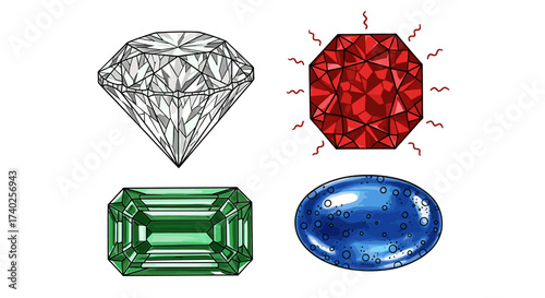 Illustration showcasing four different types of gemstones on white background.